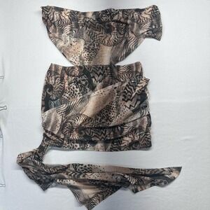 Murci Animal Print Mesh 2 Piece Set Womens US 10 Brown Ruched Mini Skirt Bandeau
